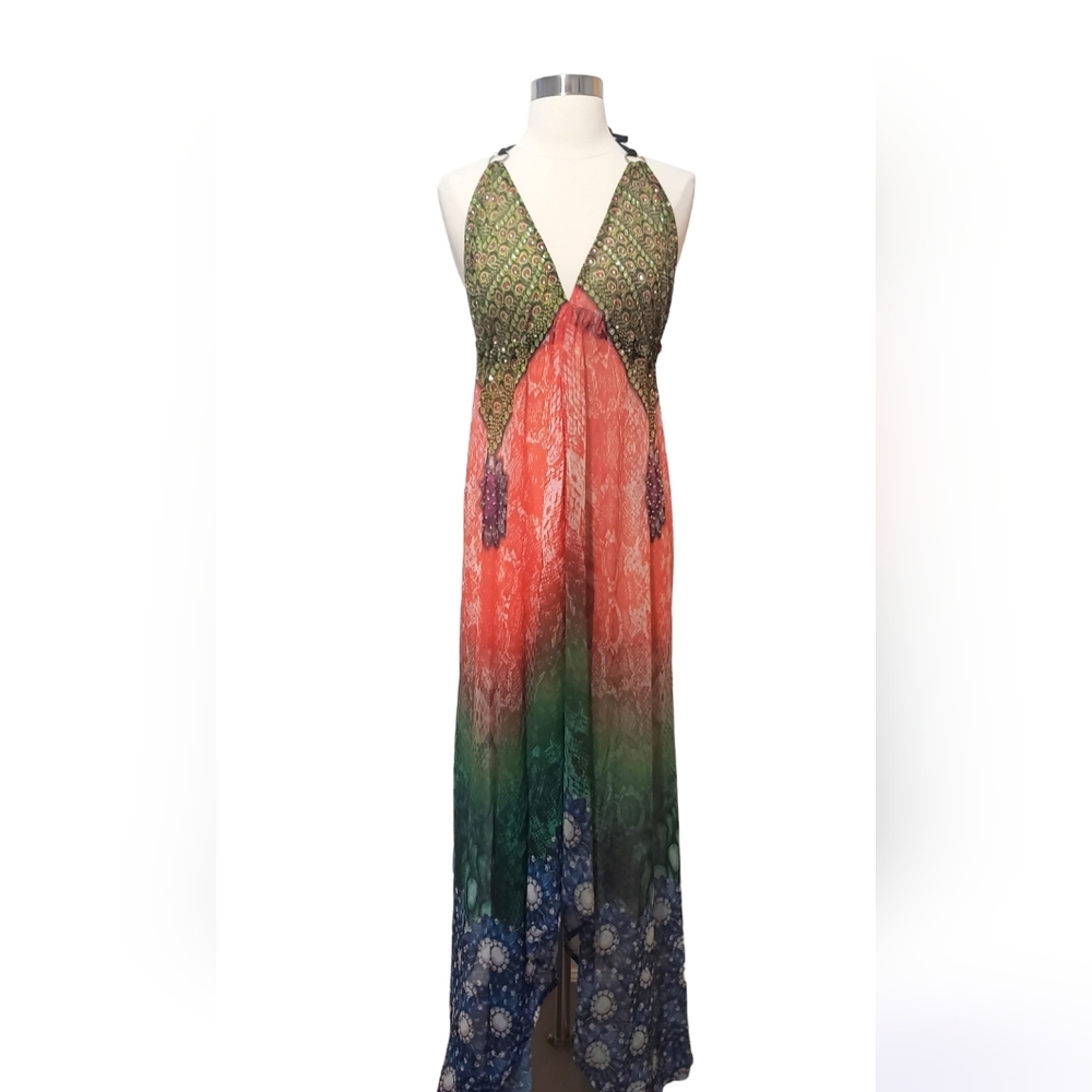 NWT Bohemian Rhinestone Semi-sheer Halter Dress Coverup Red Green Blue One Size